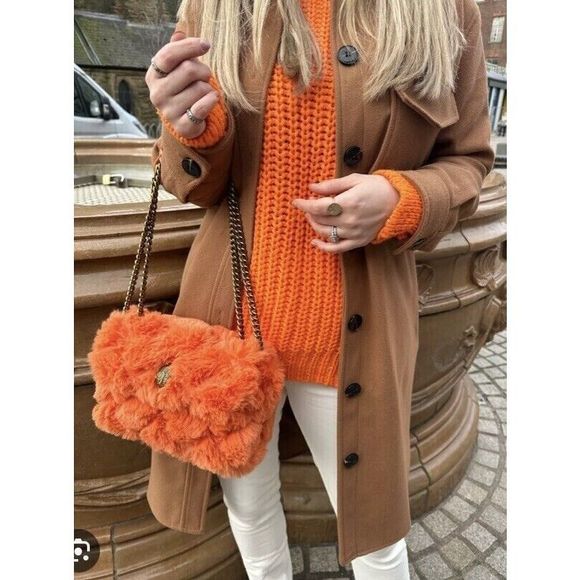 New $225 KURT GEIGER Medium Kensington Faux Fur Crossbody Bag In Orange - Picture 3 of 7